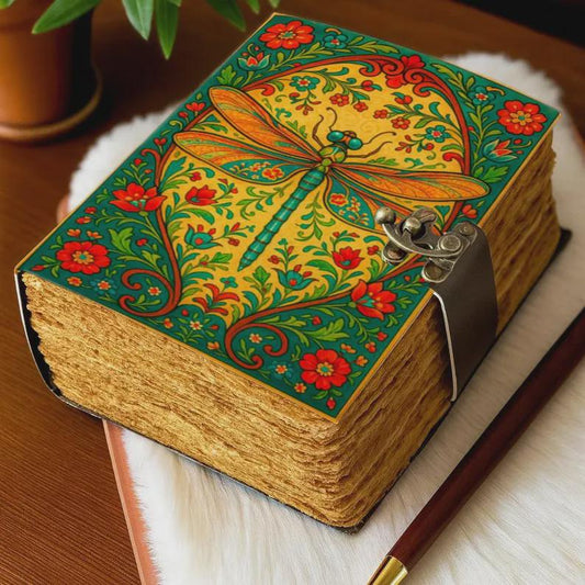 Dragonfly Leather Journal with Lock Handmade Vintage Writing Notebook Floral Diary, Sketchbook, Gift for Writers & Artists