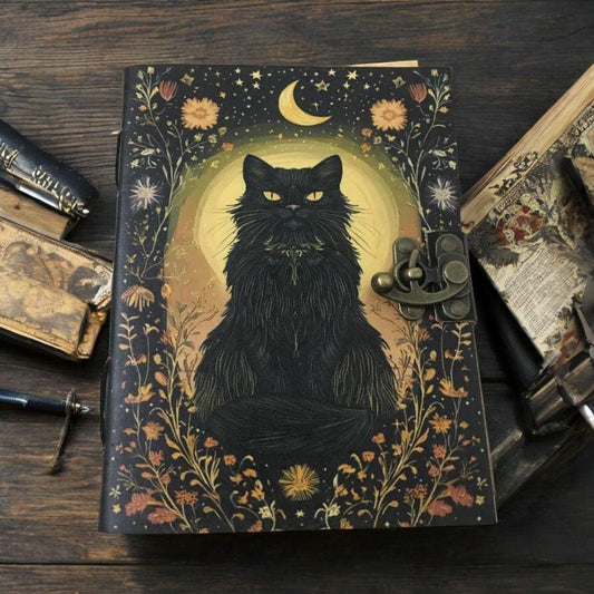 Leather Spell Book of Shadows: Cat Journal Celestial Cat Spellbook