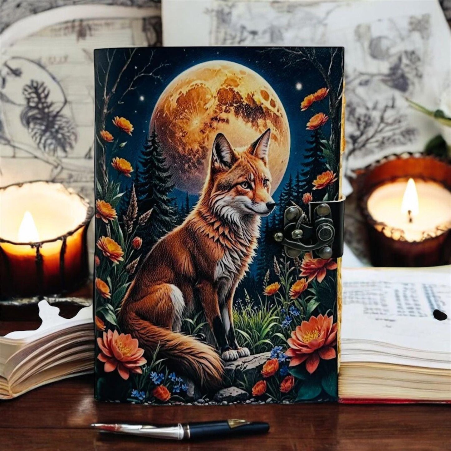 Fox Leather Journal: Grimoire Spell Book with Vintage Lock