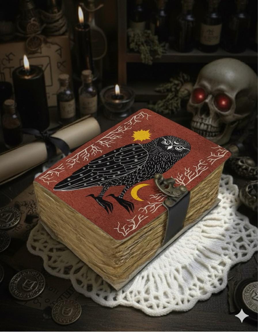 Grimoire Owl Leather Journal – Spell Book of Shadows | Leather Spell Book of Wisdom | Witchy Sketchbook Moon Magic Tarot Notebook