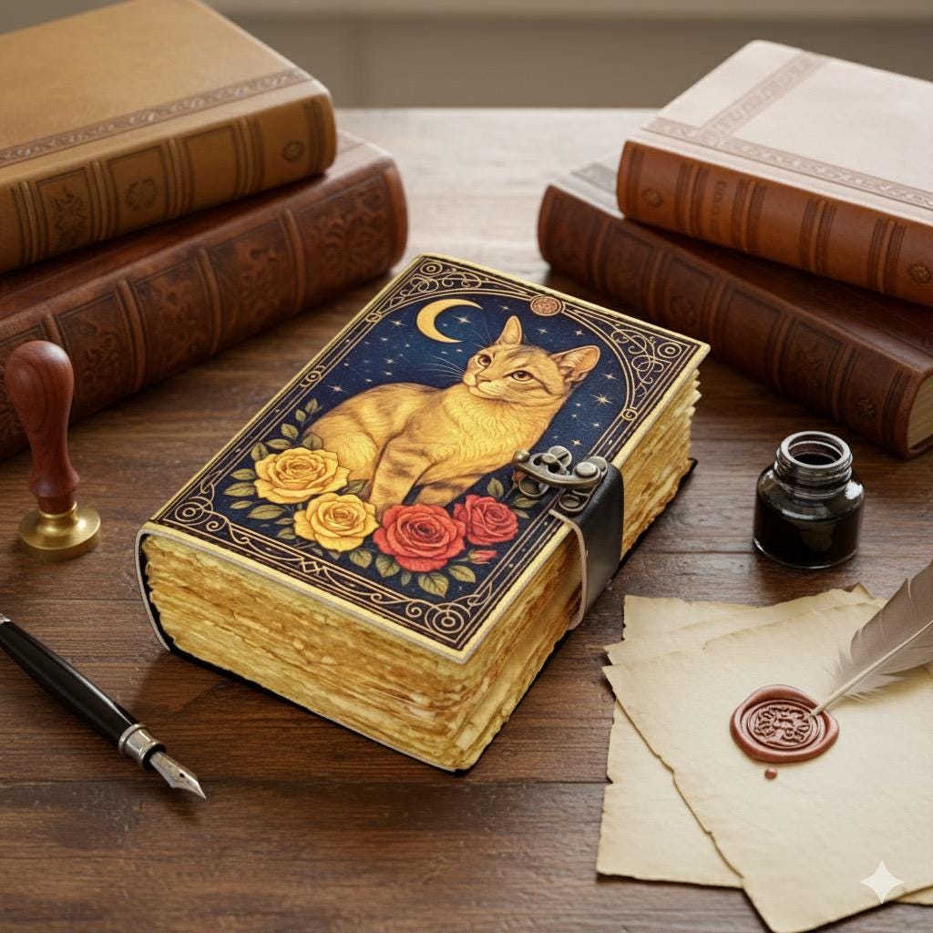 Leather Grimoire Journal: Cat Print Book of Shadows Magic Leather Journal, Spell book Magic Cat  Journal Halloween Gifts