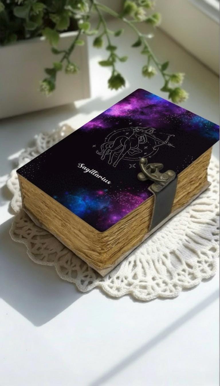 Sagittarius Grimoire Vintage leather journal, Zodiac Leather Journal, Blank spell book of shadows Birthday Gifts For Him Her