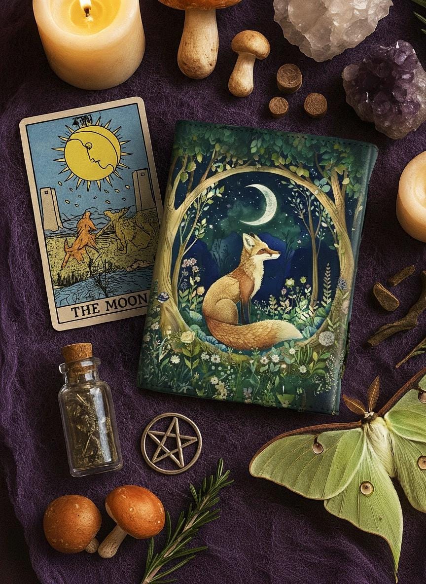 Fox Leather Grimoire Journal – Handmade Spell Book of Shadows, Vintage Witchcraft Spellbook, Wiccan Pagan Gothic Magic Diary Gift