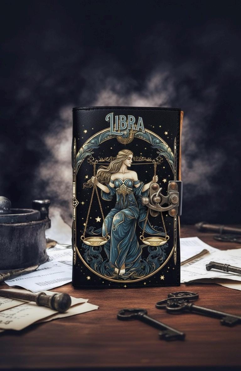 Libra Grimoire Vintage leather journal, Zodiac Leather Journal, Blank spell book of shadows Birthday Gifts For Him Her