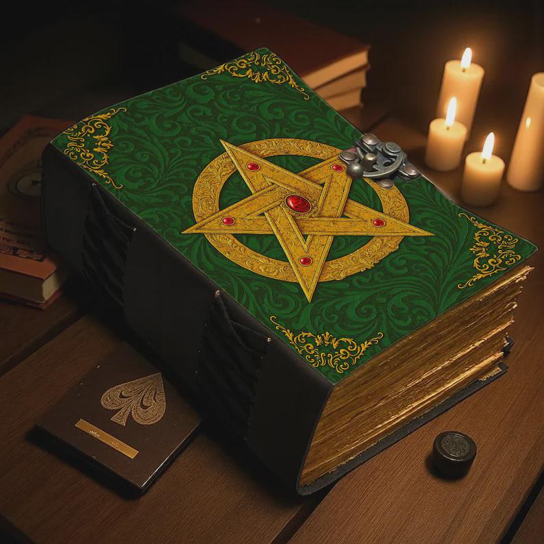 400 Page Large Handmade Black Leather Green Pentagram Journal: Wiccan Grimoire with Gemstone Book of Shadows Witchcraft Journal and Notebook