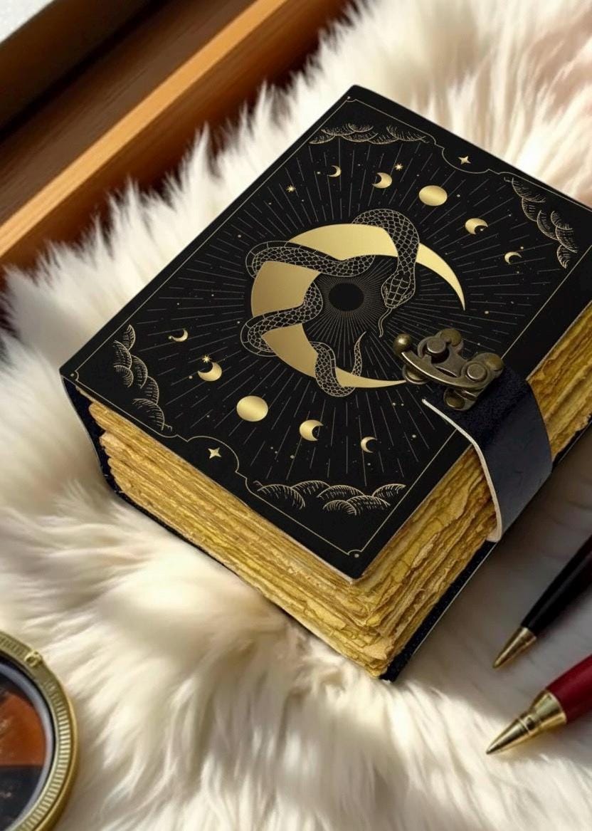 200 Page Black Magic Snake leather journal | Moon Phase Witch Grimoire | Handmade Spell Book with Lock | Deckle Edge Paper | Halloween Gift