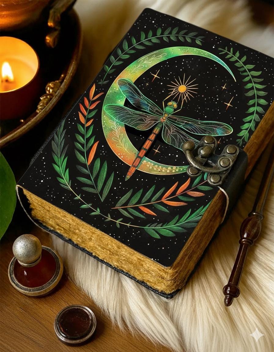 Dragonfly Leather Journal with Lock Handmade Vintage Writing Notebook Floral Diary, Sketchbook, Gift for Writers & Artists