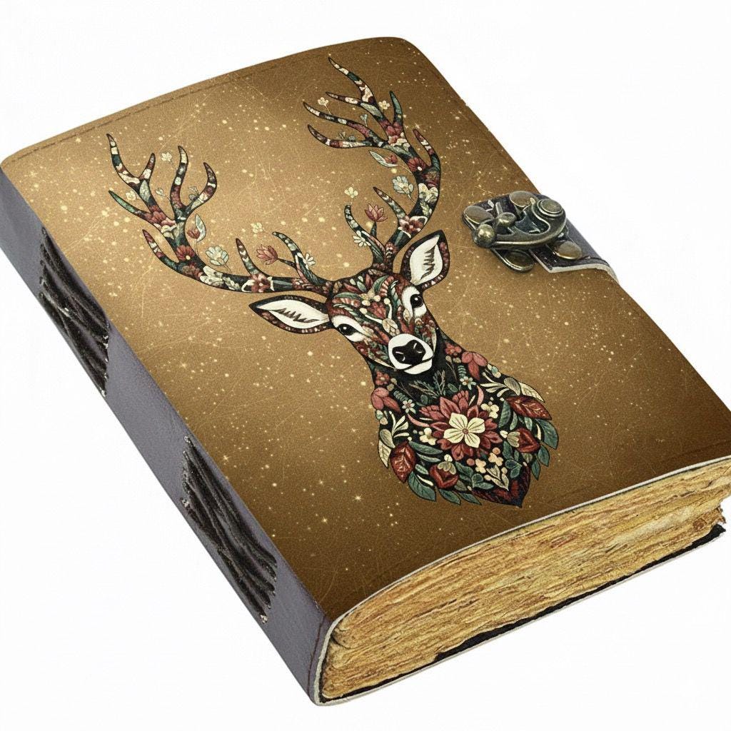 Deer Vintage Magical leather Journal Grimoire Witchcraft Blank spell book of shadows Christmas Celestial Gifts