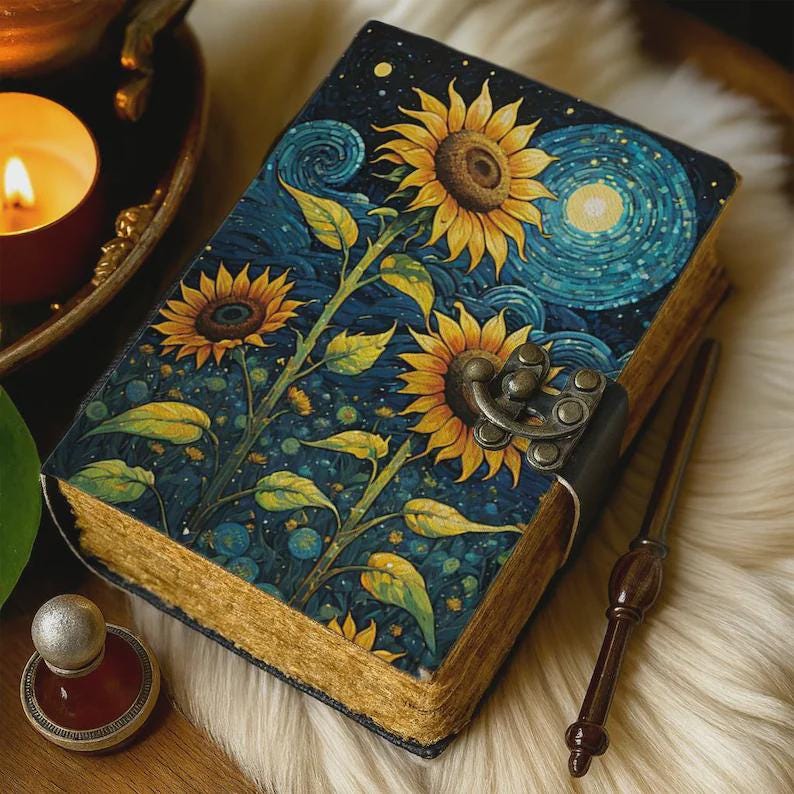 Handmade Leather Journal with Sunflower Design Starry Inspired Notebook Vintage Writing Diary with Deckle Edge Paper Boho Artistic Gift