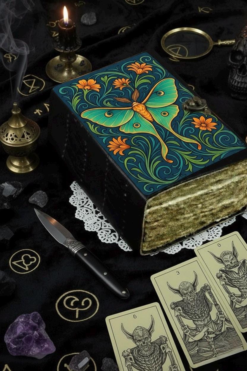 Luna Moth Grimoire – Handmade Luna Spell Book of Shadows Personalized Wiccan Leather Journal with Deckle Pages | Witchy Gift