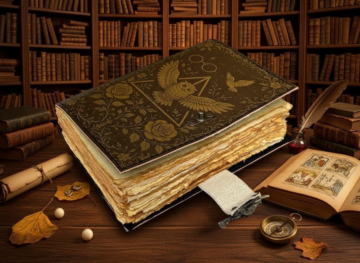 400 Page Owl Grimoire Journal – Blank Book of Shadows | Leather Spell Book of Wisdom | Handmade Witchy Sketchbook Owl Magic Tarot Notebook