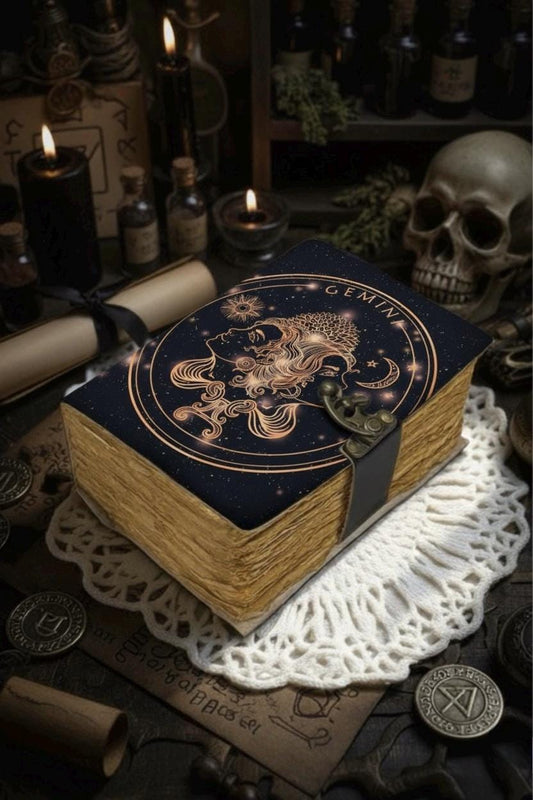 Gemini Grimoire Vintage leather journal, Zodiac Leather Journal, Blank spell book of shadows Birthday Gifts For Him Her