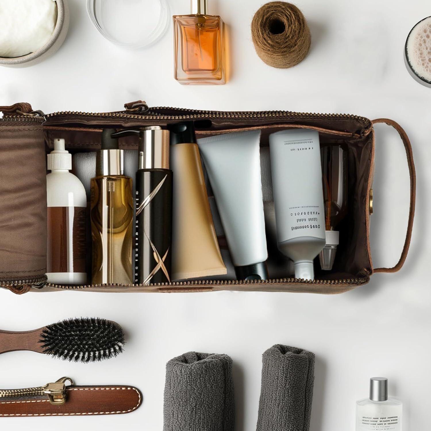 Genuine Leather Toiletry Bag Dopp Kit Groomsmen Gifts For Him Leather Shaving Makeup Cosmetic Bag Wedding Anniversary Gift Mother's day gift