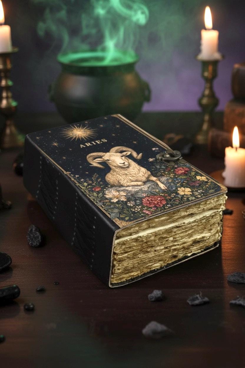 Aries Grimoire Vintage leather journal, Zodiac Leather Journal, Blank spell book of shadows Birthday Gifts For Him Her