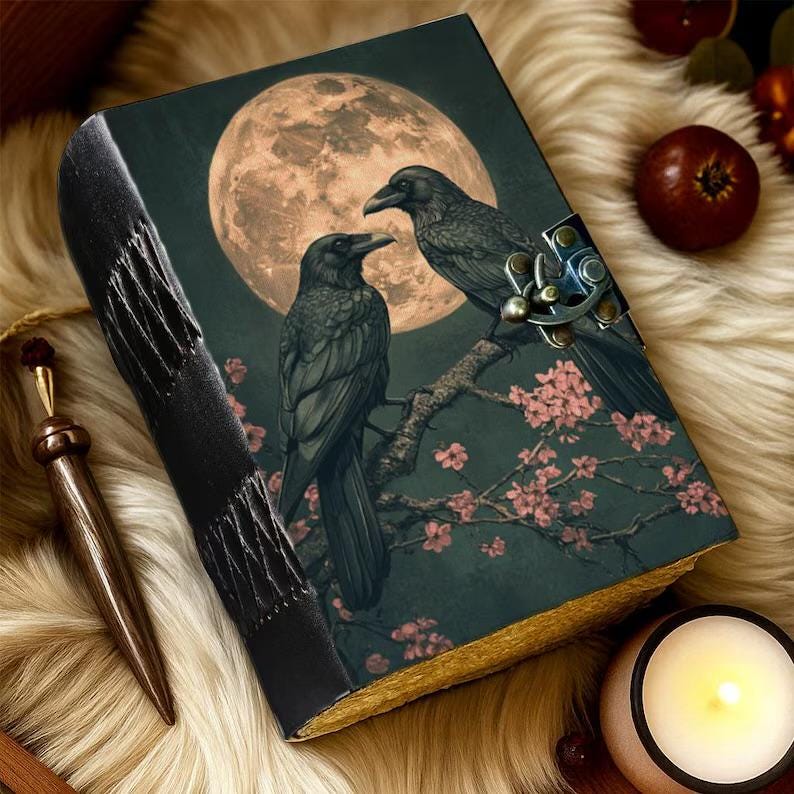 Raven Grimoire Vintage leather journal, Raven Leather Journal, Blank spell book of shadows Halloween Gifts For Him Her