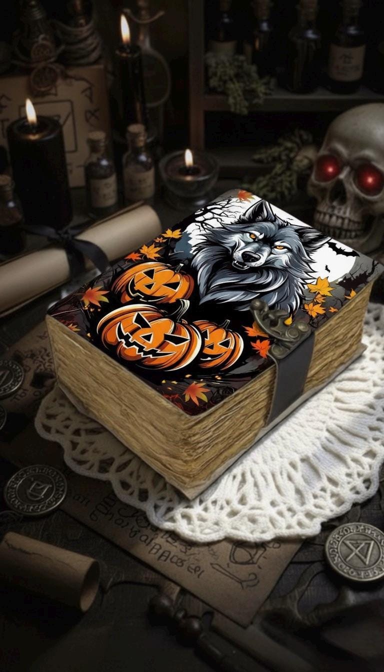 Fox Leather Journal Spell Book of Shadows , Pumpkin Leather Journal, Grimoire Witchcraft Journal Halloween Gifts For Him Her