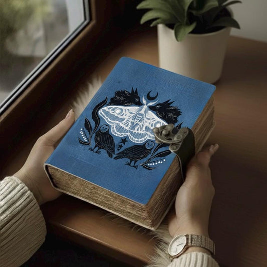 Luna Moth Grimoire Leather Journal - Owl Book of Shadows Notebook -Blank Spell Book Fox Handmade Sketchbook | Witchy Journal