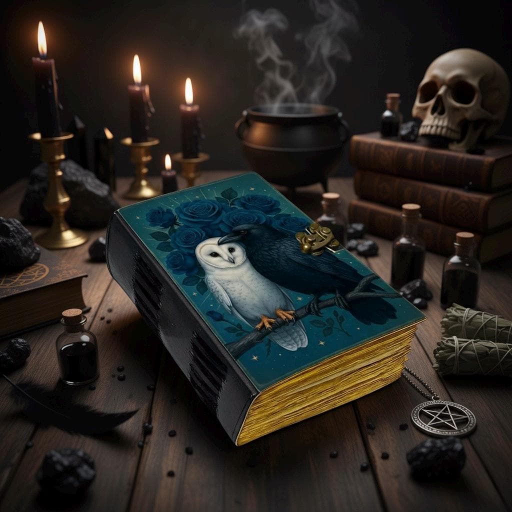 Raven & Owl Grimoire Vintage leather journal, Raven Leather Journal, Blank spell book of shadows Halloween Gifts For Him Her