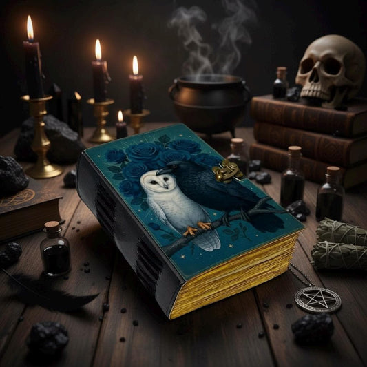 Raven & Owl Grimoire Vintage leather journal, Raven Leather Journal, Blank spell book of shadows Halloween Gifts For Him Her