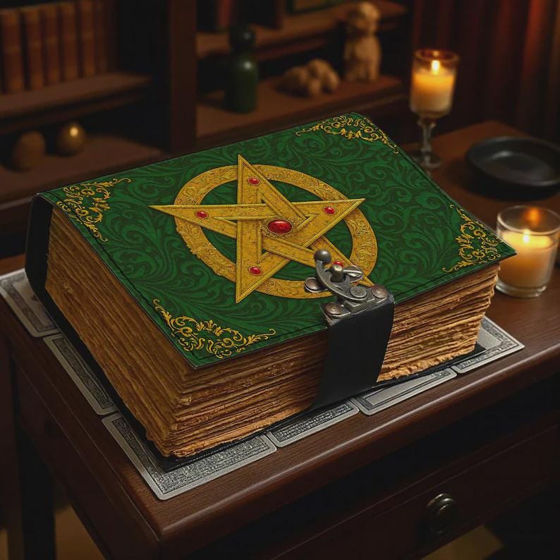 400 Page Large Handmade Black Leather Green Pentagram Journal: Wiccan Grimoire with Gemstone Book of Shadows Witchcraft Journal and Notebook