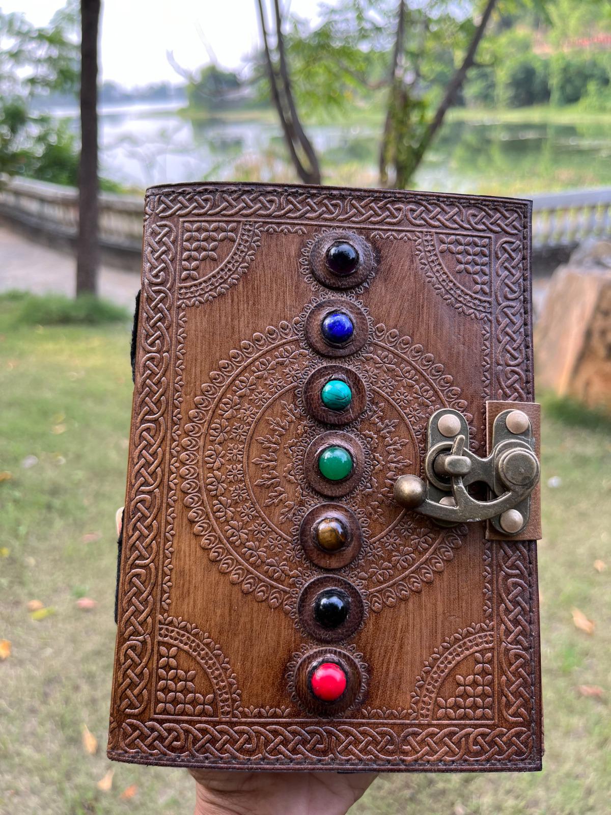 Handmade Leather Journal: Seven Stone Book of Shadows with Lock