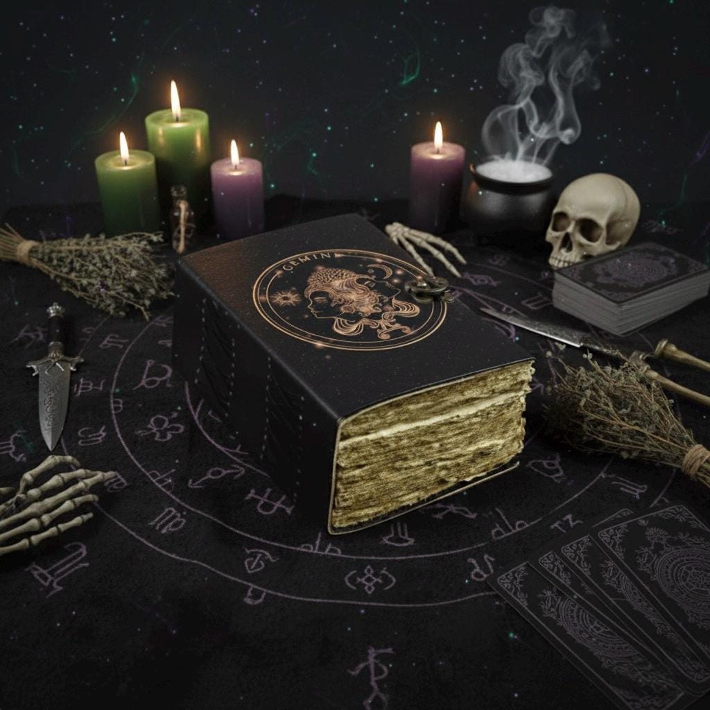 Gemini Grimoire Vintage leather journal, Zodiac Leather Journal, Blank spell book of shadows Birthday Gifts For Him Her