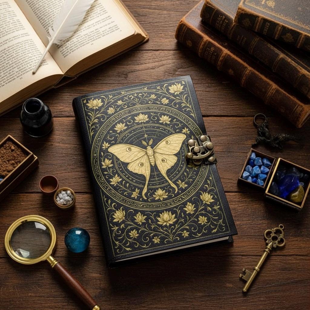 Luna Moth Grimoire – Handmade Spell Book with Lock | Personalized Wiccan Leather Journal with Deckle Pages | Witchy Gift