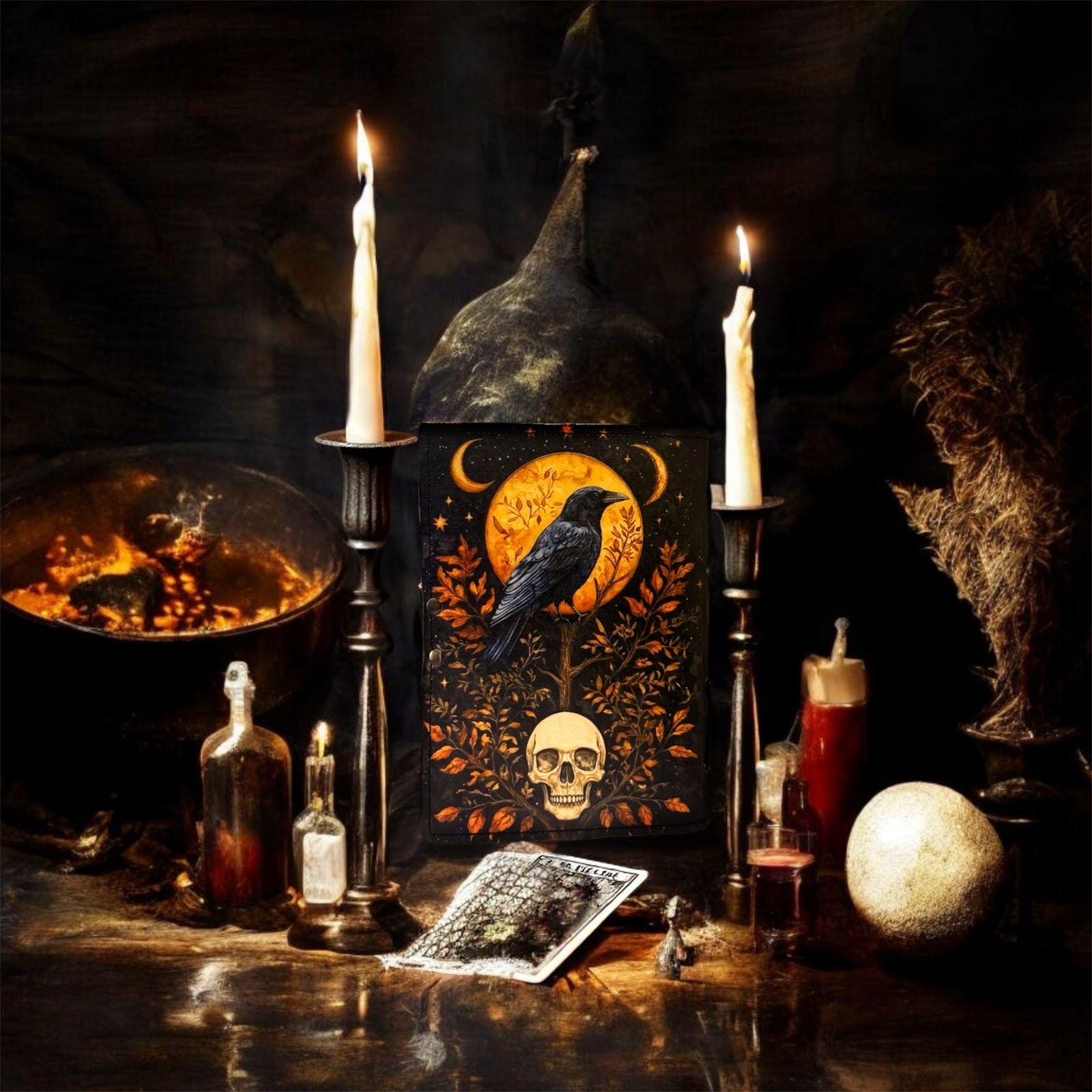 Raven Leather Journal: Vintage Grimoire Spell Book with Lock