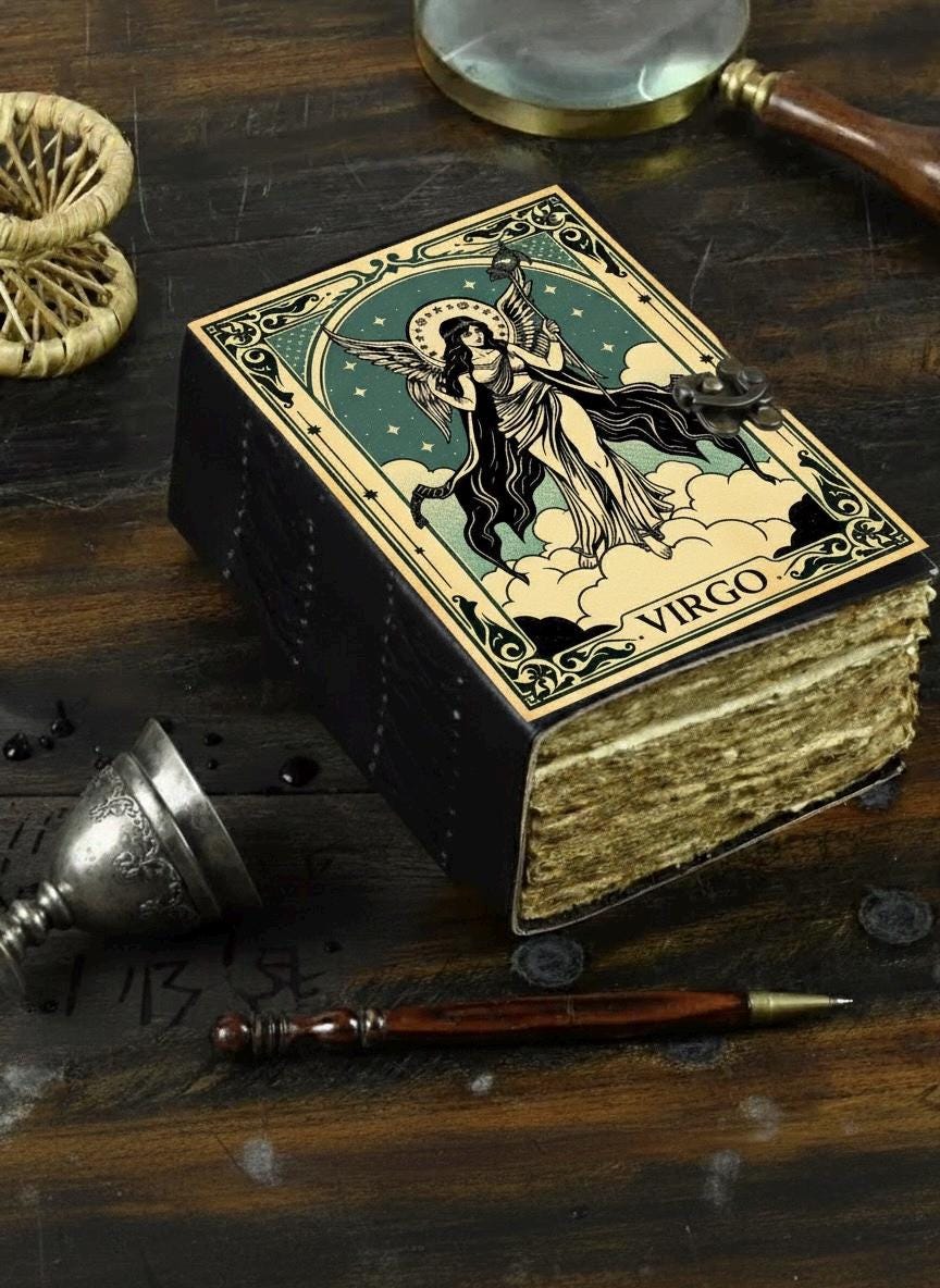 Virgo Book of Shadows Vintage leather journal, Zodiac Leather Journal, Blank spell Grimoire Diary Birthday Gifts For Him Her