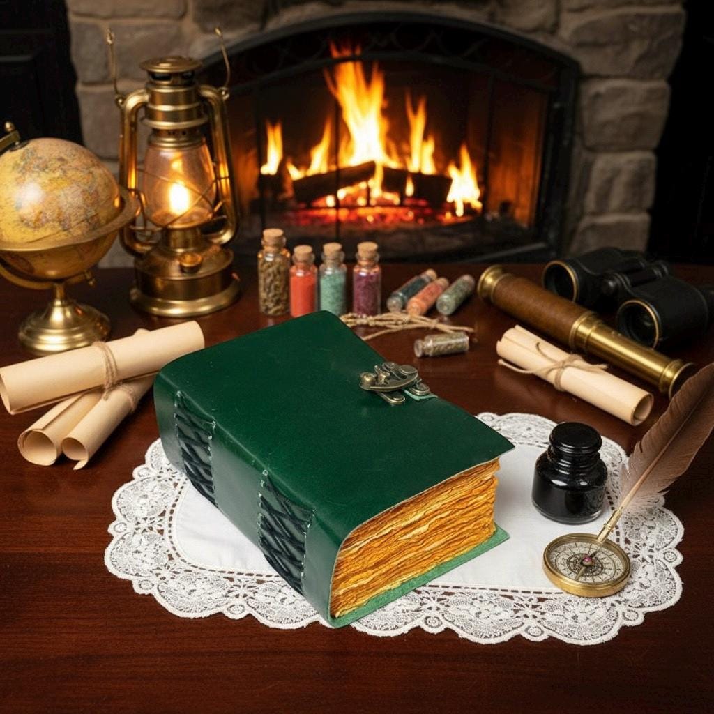 Green Leather Spell Book of Shadows with Vintage leather Journal - , Grimoire Journal, Travel Writing Notebook, Deckle Edge Paper