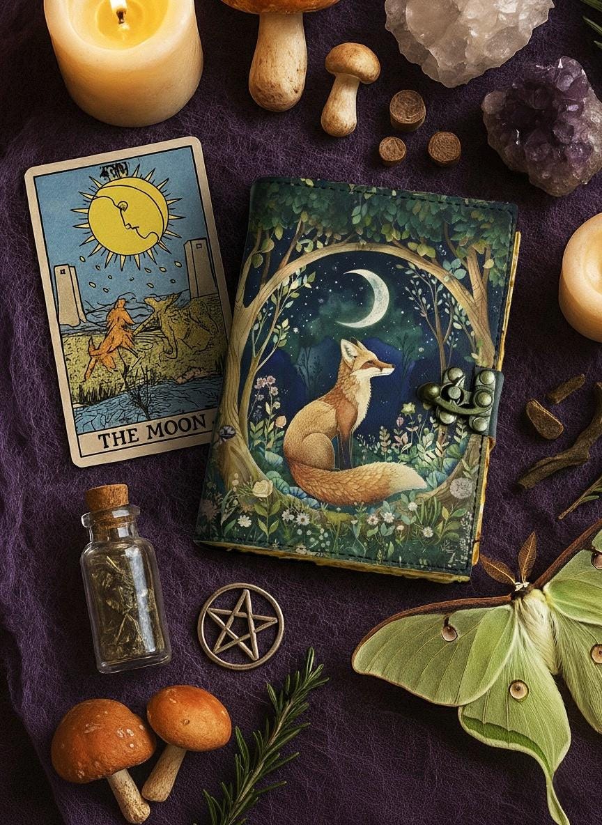 Fox Leather Grimoire Journal – Handmade Spell Book of Shadows, Vintage Witchcraft Spellbook, Wiccan Pagan Gothic Magic Diary Gift