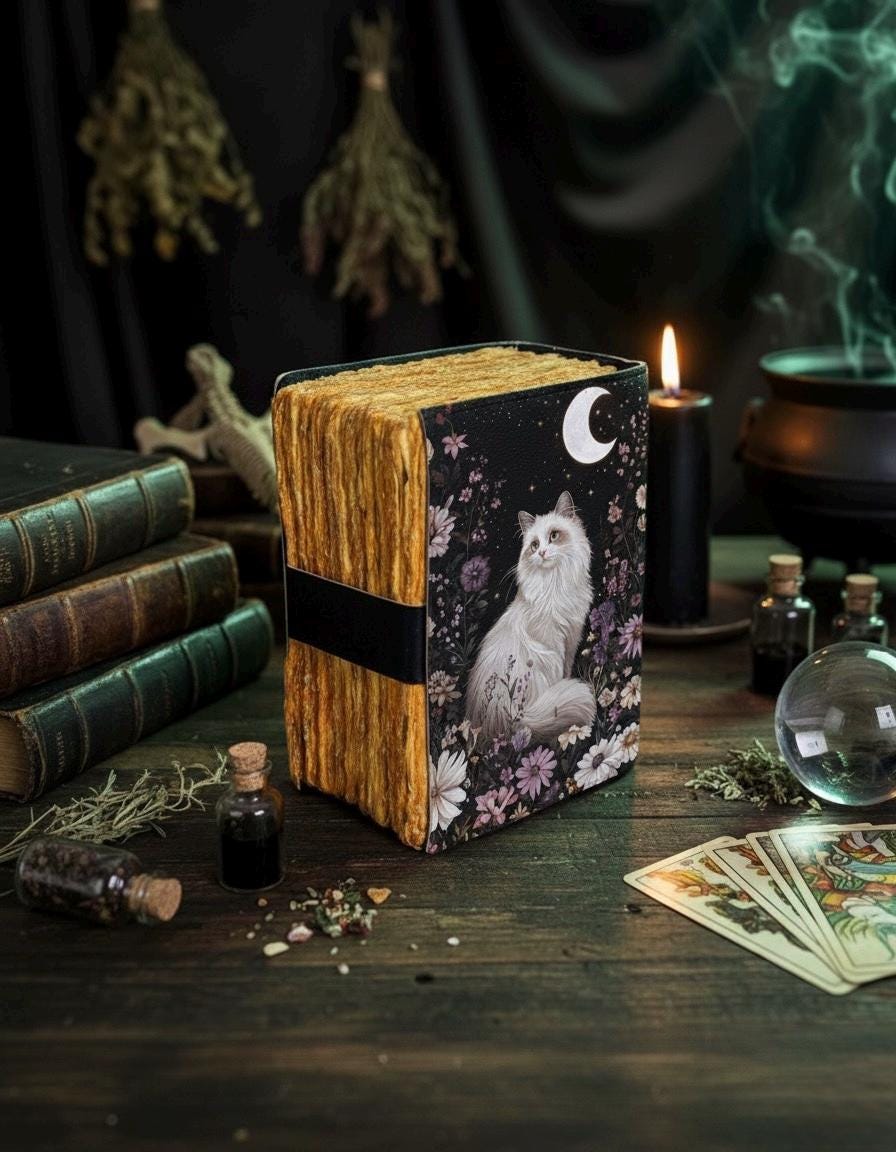 Book of shadows leather journal, Print Cat Journal, Blank spell Grimoire Leather Celestial Halloween Gifts For Him Her