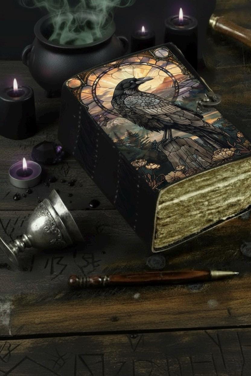 Spell book Raven Leather Journal Gothic Grimoire Book of Shadows Vintage Raven Grimoire Journal Witchcraft Journal Raven gifts for Halloween
