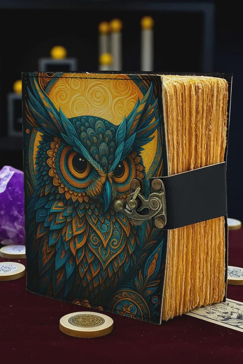 200 Page Owl Grimoire Journal – Blank Book of Shadows | Leather Spell Book of Wisdom | Handmade Witchy Sketchbook Moon Magic Tarot Notebook
