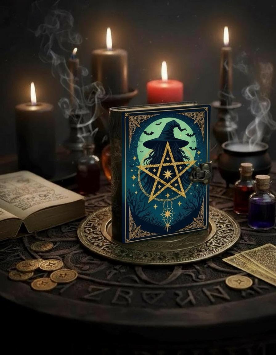 400 Page Large Handmade Black Leather Green Pentagram Journal: Wiccan Grimoire with Gemstone Book of Shadows Witchcraft Journal and Notebook