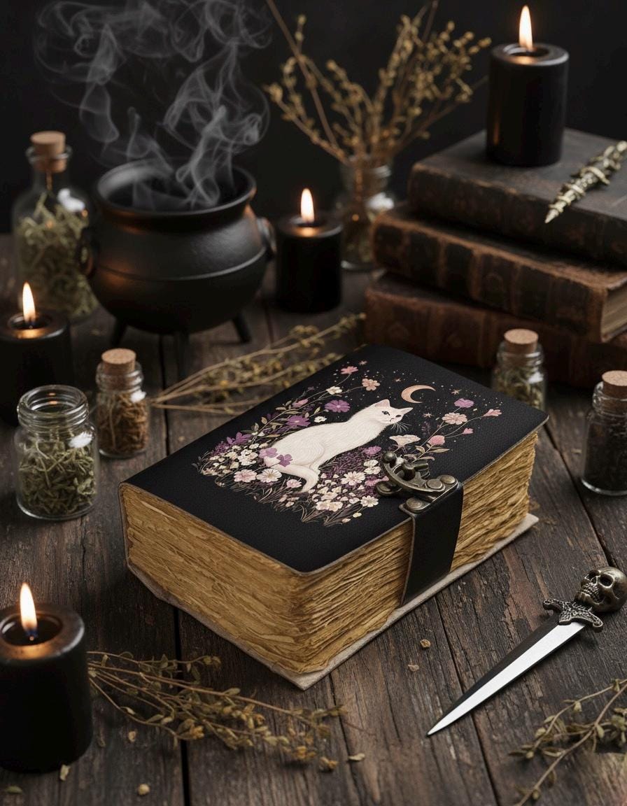 400 Page Large Leather Grimoire Journal: Cat Print Book of Shadows Magic Leather Journal, Spell book Magic Cat  Journal Halloween Gifts