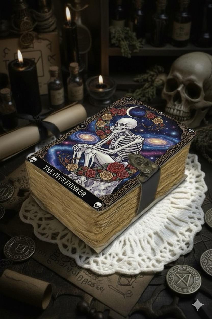 Overthinker Grimoire Leather Journal -Gothic Tarot Notebook -Blank Spell Book of shadows Handmade Sketchbook 200–400 Pages | Witchy Journal