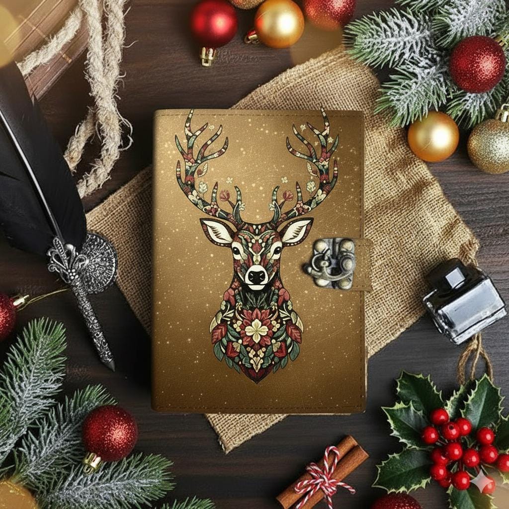 Deer Vintage Magical leather Journal Grimoire Witchcraft Blank spell book of shadows Christmas Celestial Gifts