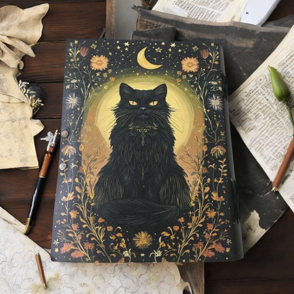 Leather Spell Book of Shadows: Cat Journal Celestial Cat Spellbook