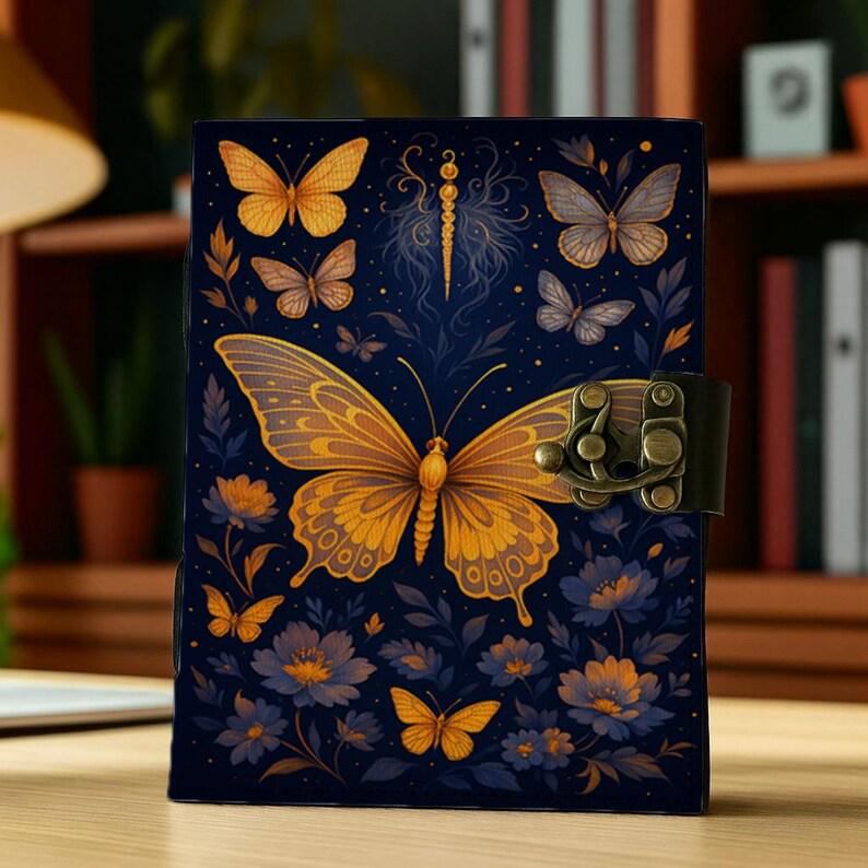 Luna Moth Grimoire – Handmade Spell Book with Lock | Personalized Wiccan Leather Journal with Deckle Pages | Witchy Gift