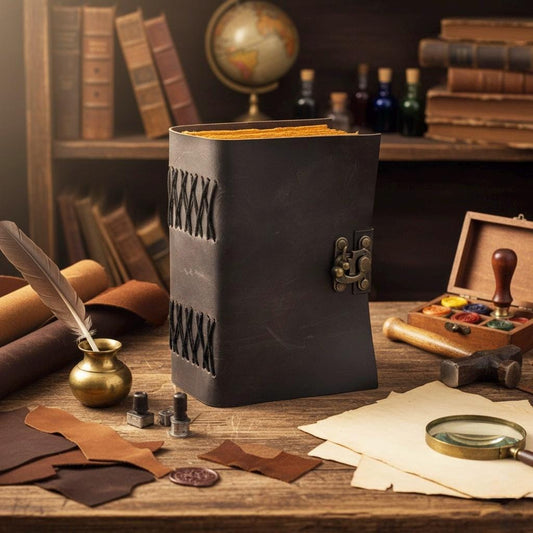 Black Vintage leather Journal - spell Book of shadows, Grimoire Journal, Travel Writing Notebook, Antique Deckle Edge Paper Lock Closure