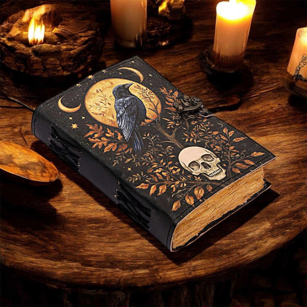 Raven Leather Journal: Vintage Grimoire Spell Book with Lock