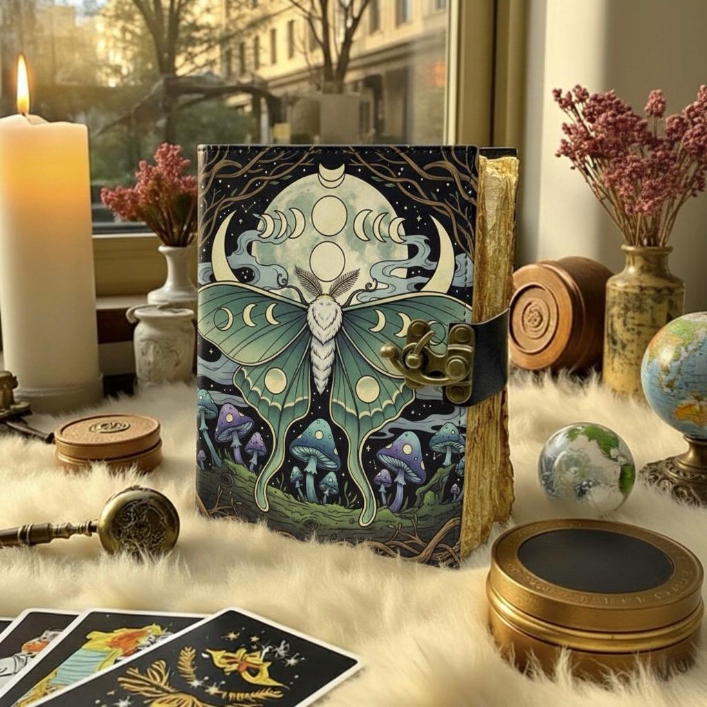 Luna Moth Leather Journal Gothic Grimoire Book of Shadows Vintage Luna Mushroom Spell book Witchcraft Journal Moon Phase gifts for Christmas