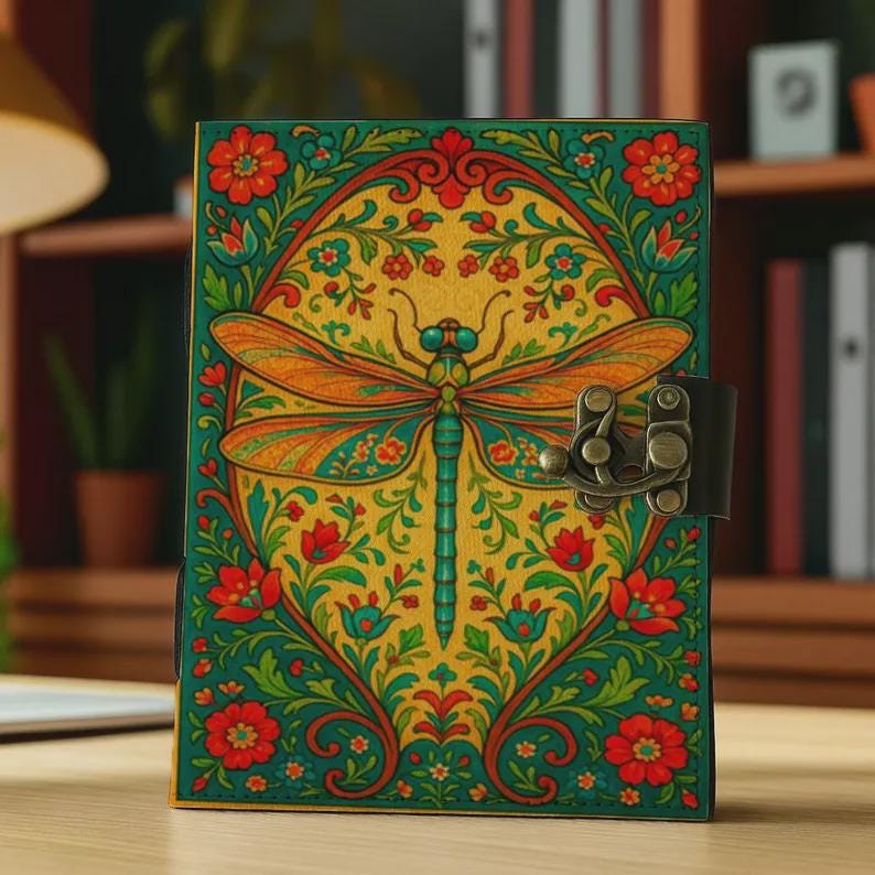 Dragonfly Leather Journal with Lock Handmade Vintage Writing Notebook Floral Diary, Sketchbook, Gift for Writers & Artists