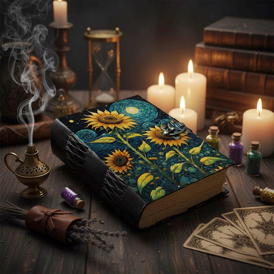 Handmade Leather Journal with Sunflower Design Starry Inspired Notebook Vintage Writing Diary with Deckle Edge Paper Boho Artistic Gift