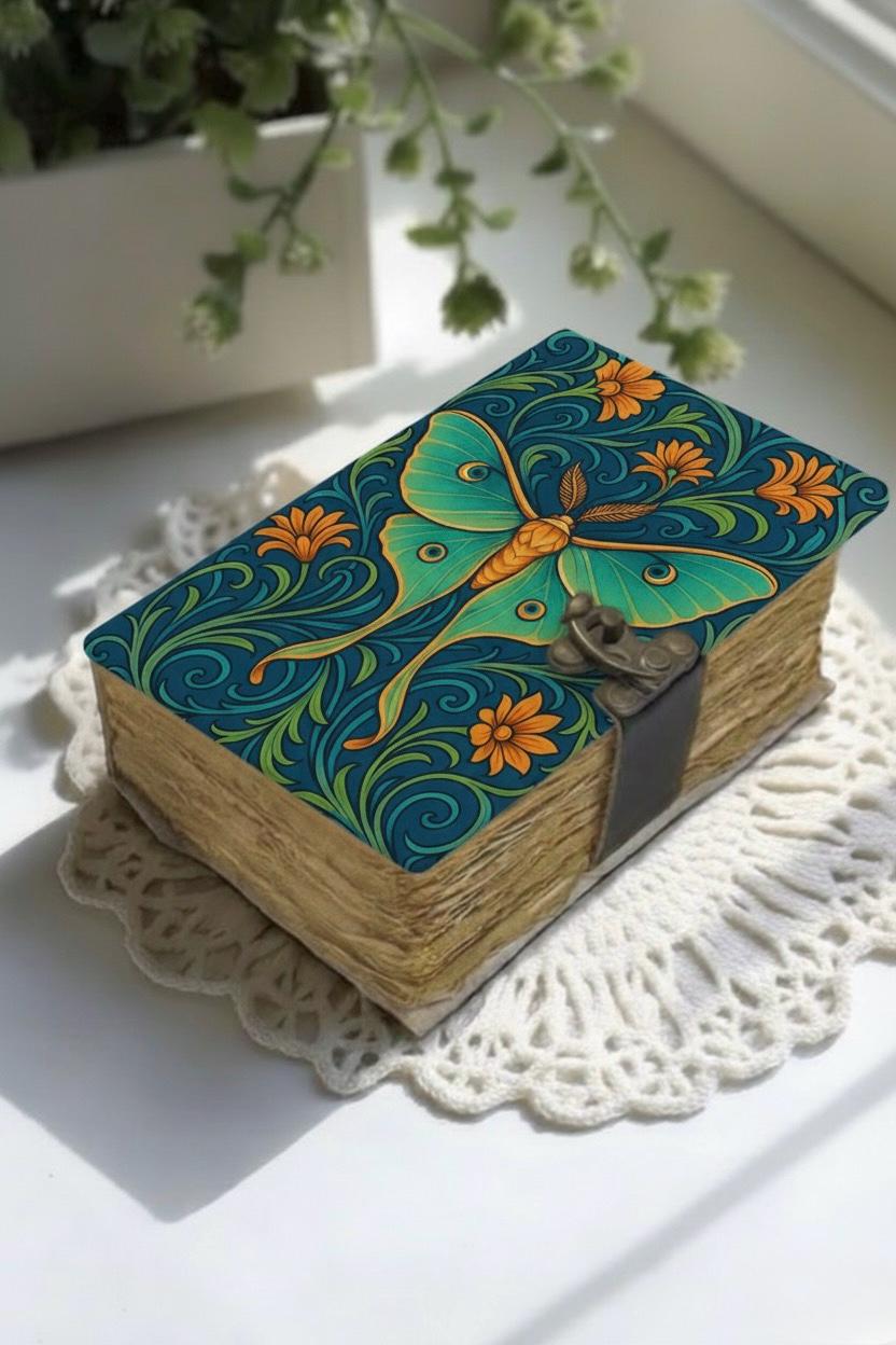 Luna Moth Grimoire – Handmade Luna Spell Book of Shadows Personalized Wiccan Leather Journal with Deckle Pages | Witchy Gift