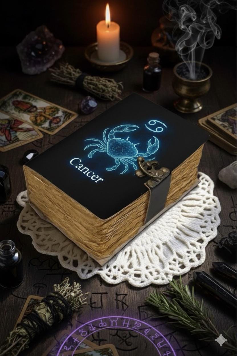 Cancer Grimoire Vintage leather journal, Zodiac Leather Journal, Blank spell book of shadows Birthday Gifts For Him Her