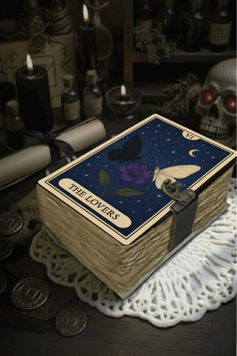 Grimoire Vintage leather journal, The Lovers Handmade Fat Journal, Blank spell book of shadows Celestial Lover Gifts For Him Her