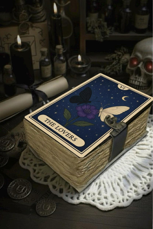 Grimoire Vintage leather journal, The Lovers Handmade Fat Journal, Blank spell book of shadows Celestial Lover Gifts For Him Her