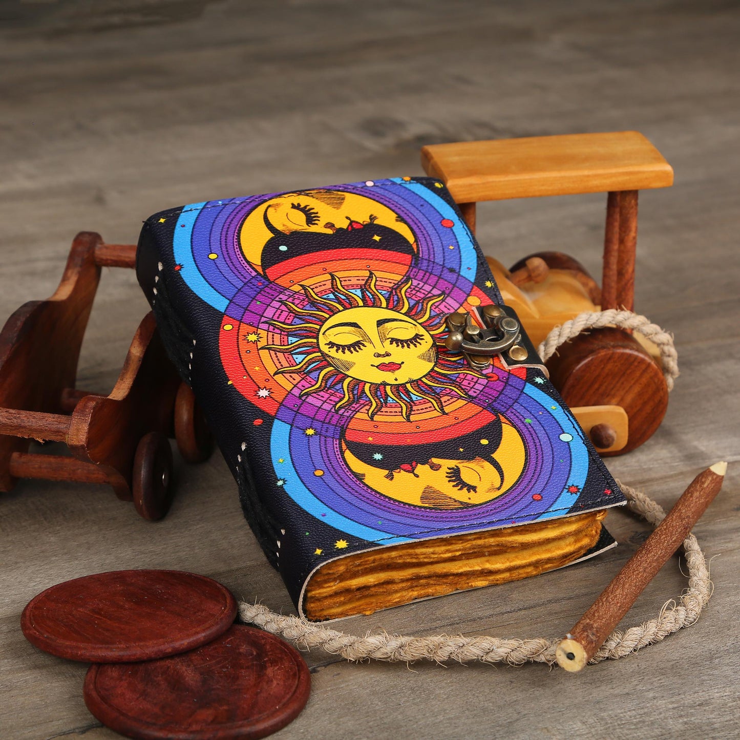 Sun Moon Grimoire Vintage leather journal, Moon Leather Journal, Blank spell book of shadows Halloween Gifts For Him Her